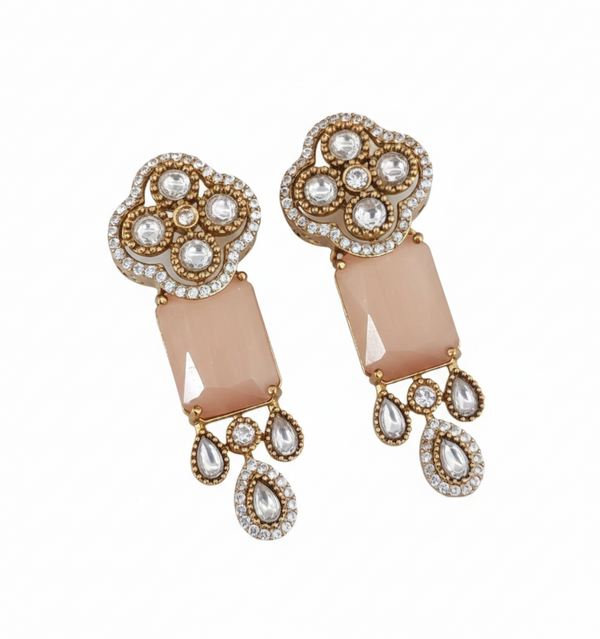 Traditional Long Tops Earrings in Peach Aventurine with Premium Quality & 14K Antique Gold Plated Earrings
