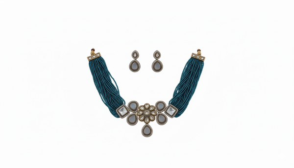 Traditional Rama Green Glass Beads Indian Monalisa Beaded Choker Necklace (7 - Layer Mala) & Bollywood Celebrity Wear Premium Choker Necklace