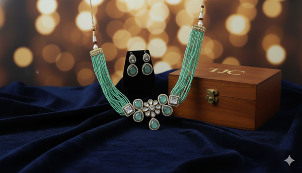 Green Onyx Inspired Glass Beads Indian Monalisa Beaded Choker Necklace (7 - Layer Mala) & Bollywood Celebrity Wear Premium , DesignerChoker Necklace