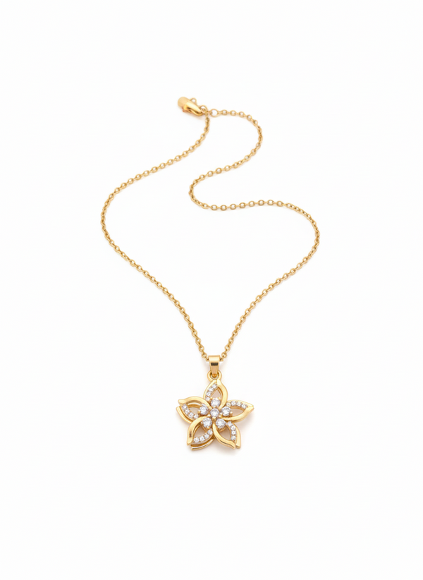 Anti - Tarnish Star Flower Shape Premium Chain Pendant with CZ Accents& Charm Anti -Tarnish Jewelry