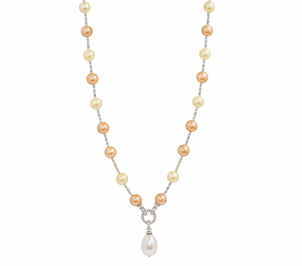 Mother of Pearl Brass Beaded Necklace/ Mala With American Diamond Accent & Statement Piece