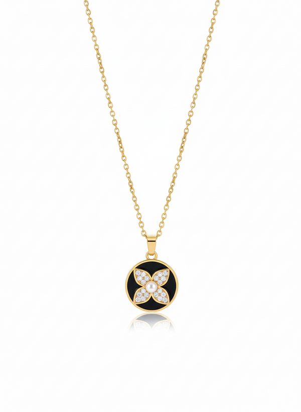 Anti - Tarnish Gold Plated Star Round Coin Clover Flower Premium Quality Chain Pendant with Black Enamel