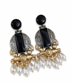 Black Onyx Glass | Silver & Gold (Dual) Plated | Silver Replica Oxisidised Earrings |