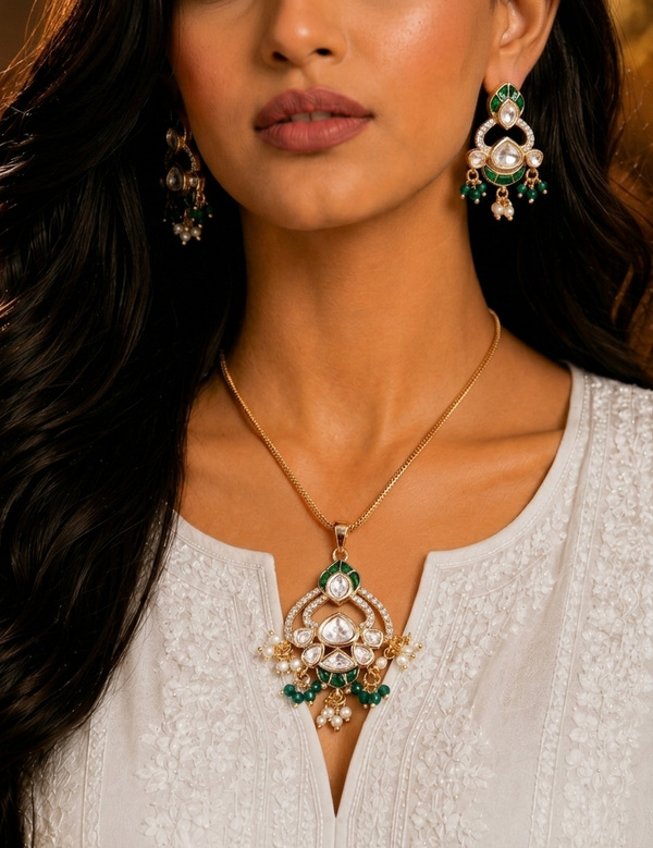Premium Quality |Italian Meenakari | Moissanite Pendant Set | Green Color |