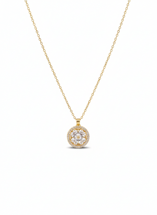 Anti - Tarnish Gold Plated Round Coin Shape Floral Premium Chain Pendantwith Cubic Zirconia Stones