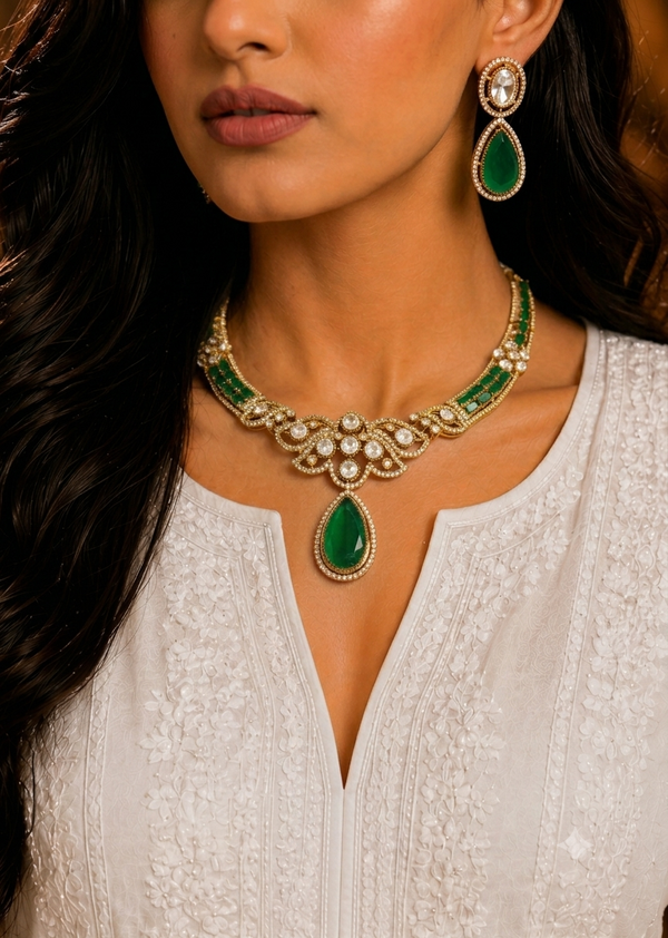 Premium Quality | Doublet Stone | Moissanite Detailing | Choker Sets | Green Color |