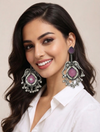 Silver Replica | Pink Chalcedony & Pearl | Oxidised Kashmiri Earrings |