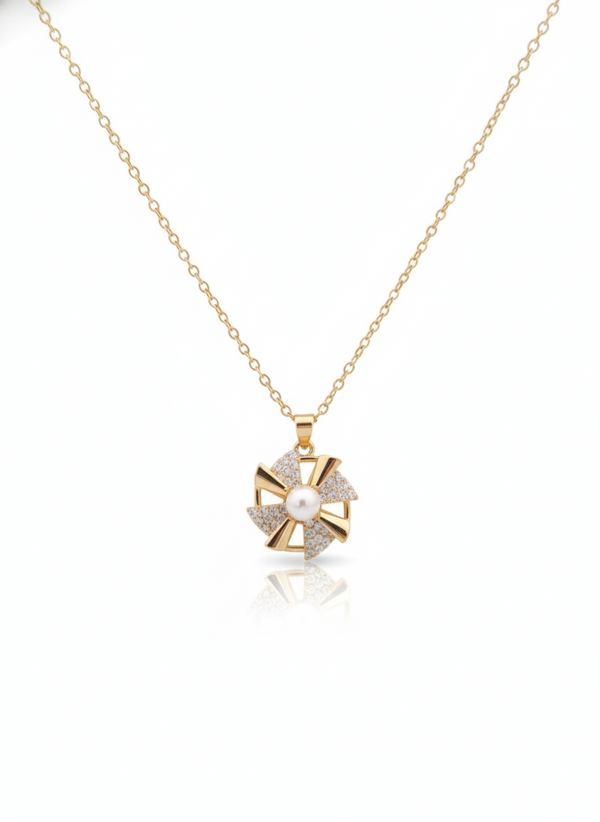 Anti - TarnishPinwheel Flower Shape Premium Chain Pendant with CZ Accents & Statement / Designer Anti- Tarnish Chain Pendant