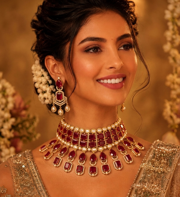 Premium Quality | Precious Inspired ColorStone | Necklace Set | Red Color |