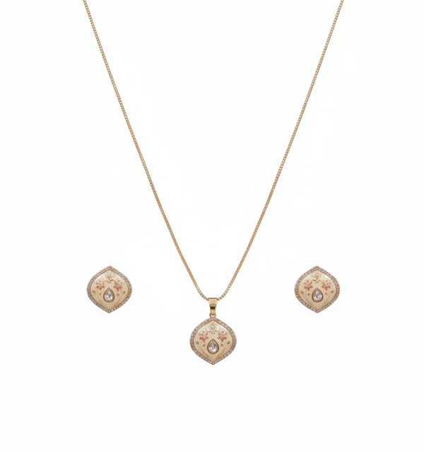 Italian Enamel Peach & Pink Moissanite Polki Chain Pendant / Necklace Set