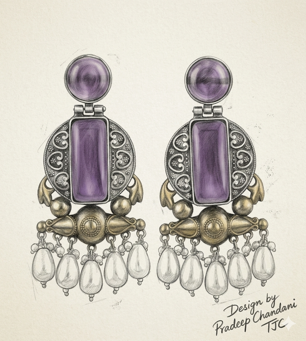 Amethyst Glass | Silver & Gold (Dual) Plated | Silver Replica Oxisidised Earrings |