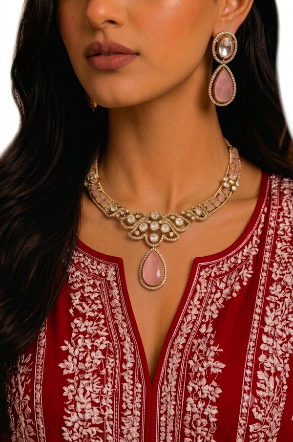 Premium Quality | Doublet Stone | Moissanite Detailing | Choker Sets | Pink Color |
