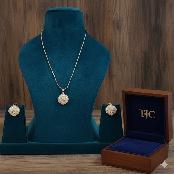 Italian Enamel Peach & Mint Moissanite Polki Chain Pendant / Necklace Set