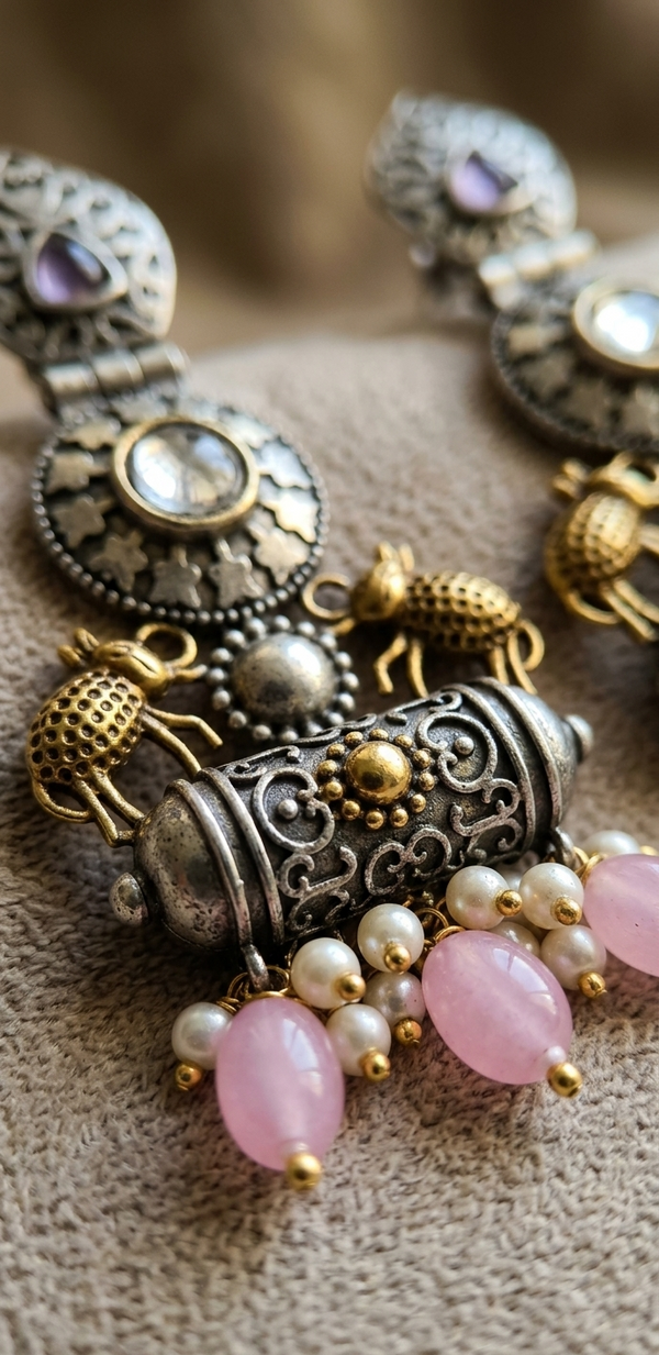 Premium Quality I Silver Plated I Oxidised Earrings IPink beads I