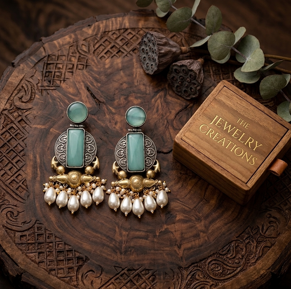 Aqua Monalisa Glass | Silver & Gold (Dual) Plated | Silver Replica Oxisidised Earrings | Rich text editor