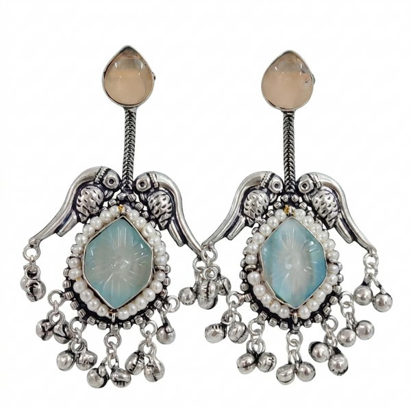 Silver Replica | Blue Chalcedony & Pearl | Oxidised Kashmiri Earrings |
