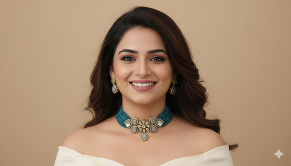 Traditional Rama Green Glass Beads Indian Monalisa Beaded Choker Necklace (7 - Layer Mala) & Bollywood Celebrity Wear Premium Choker Necklace