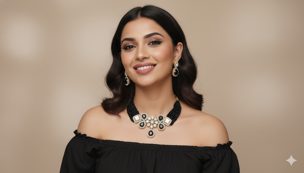 Black Tourmaline Inspired Glass Beads Indian Monalisa Beaded Choker Necklace (7 - Layer Mala) & Bollywood Celebrity Wear Elegant Choker Necklace