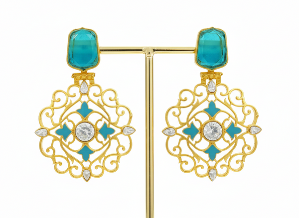 Traditional Aqua Blue Dangler Partywear Premium Quality Earrings in Gold Plated