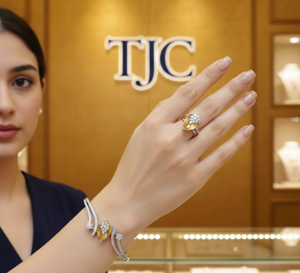 Yellow Sapphire Inspired Faceted Glass ComboJewelry Set With American Diamond Accents | Premium Quality Earrings ,Ring , Kada And Chain Pendant