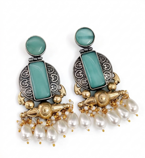 Aqua Monalisa Glass | Silver & Gold (Dual) Plated | Silver Replica Oxisidised Earrings | Rich text editor