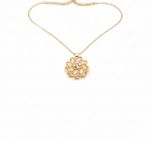 Anti- Tarnish Round Shape Golden Peach Bloom Premium Chain Pendant in Peach Pink & Glass Stone with Gold Plated