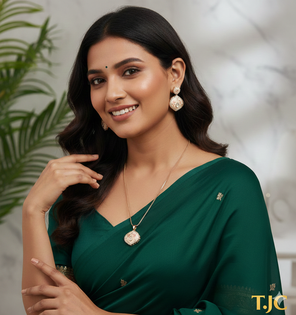 Italian Enamel Peach & Pink Moissanite Polki Chain Pendant / Necklace Set