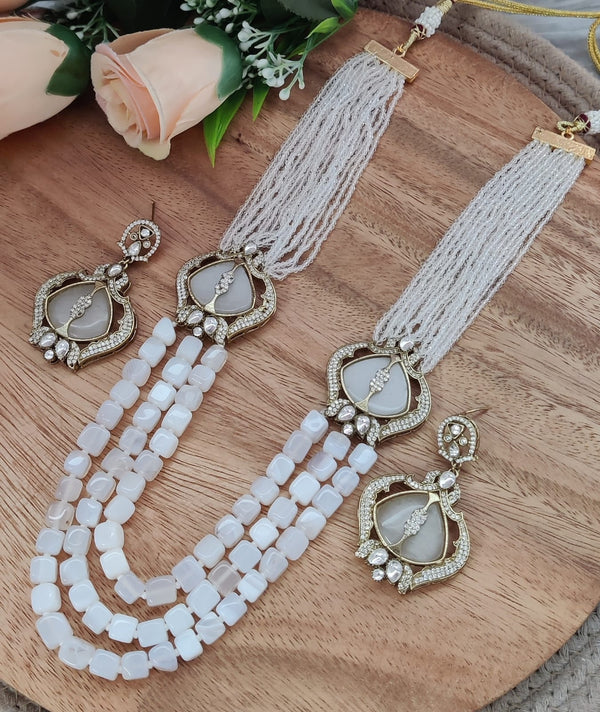 Moonstone Inspired Indian Monalisa Glass Beads Elegant 3-Layer Beaded Necklace & Bollywood Celebrity Wear Premium Necklace