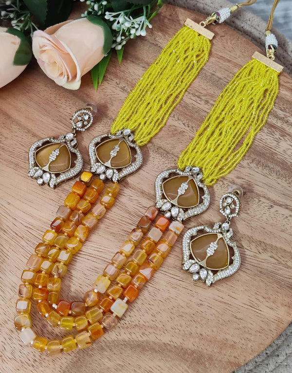 Yellow Jasper Inspired Indian Monalisa Glass Beads Elegant 3-Layer Beaded Necklace & Bollywood Celebrity Wear Premium Necklace