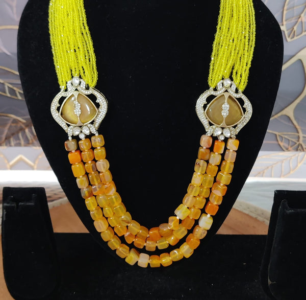 Yellow Jasper Inspired Indian Monalisa Glass Beads Elegant 3-Layer Beaded Necklace & Bollywood Celebrity Wear Premium Necklace