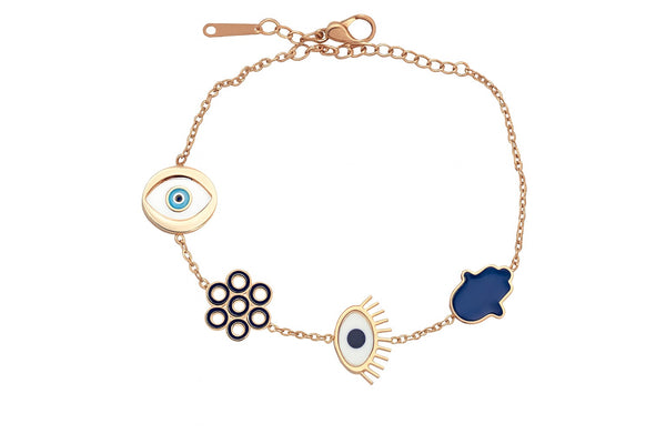 TJC – Evil Eye & Symbolic Charm Bracelet in Rose Gold Tone, Adjustable Chain with Enamel Accents