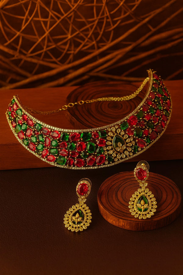 TJC Ruby-Green Mix Bridal Choker Necklace Set with Earrings