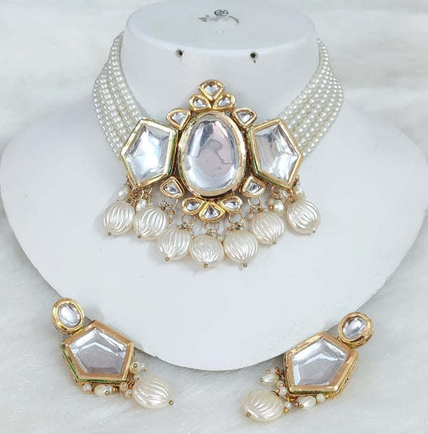 Kundan Meena Semi-Bridal Choker Necklace Set with Green Hand-Painted Glass Cab & Polki Stones