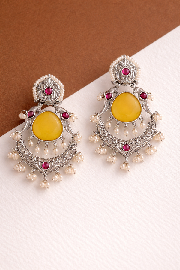 Monalisa Glass Stone | Silver Plated | Dangler Earrings |